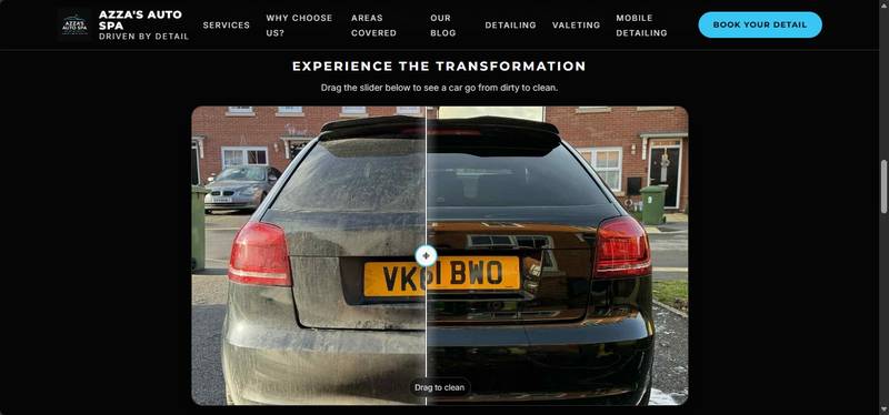 Screenshot of the before-and-after slider on the Azza's Auto Spa website: the rear of a dark hatchback, dirty on the left of the drag handle and clean on the right