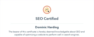 HubSpot SEO Certification badge for Dominic Harding – Code‑Flux